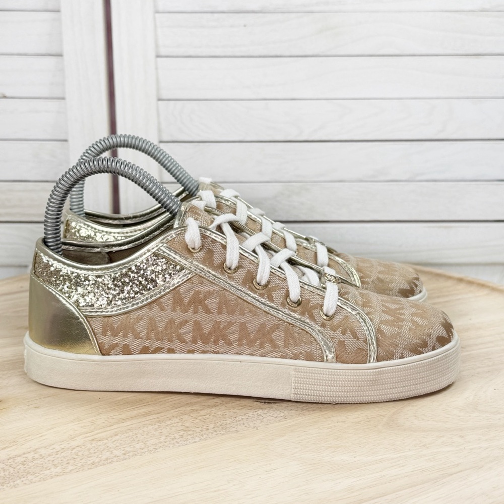 Michael Kors Cali Starla 2 Logo Jacquard Glitter Sneakers Tan Gold 3 Big Kids